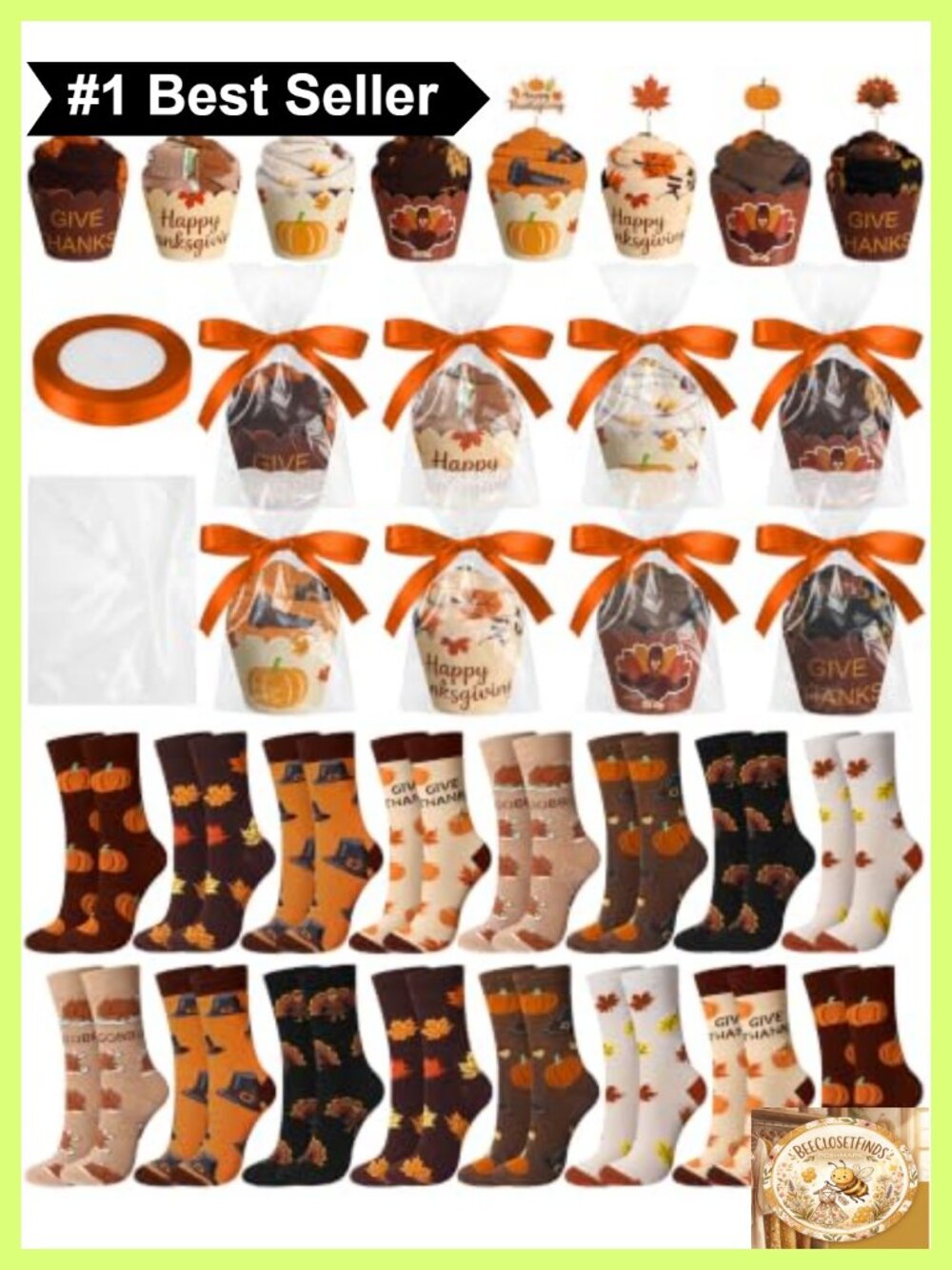 Thanksgiving Socks Gift Set 16 Pairs Cupcake Toppers Bags Adult Crew
